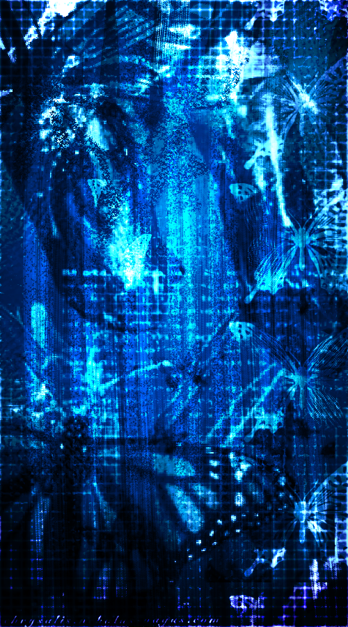 A digital abstract artwork in cool, blue and purple tones. It features a monarch butterfly and chrysalises as the background, and is overlayed with multiple bright blue textures that contrast with the darker shades. The very distorted text excerpt goes into detail of metamorphosis..